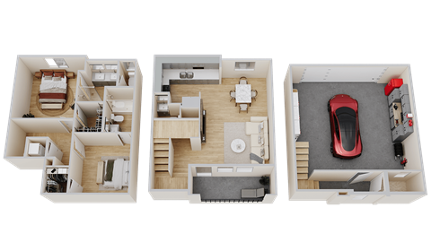 three dimensional floor plans of a house and a car